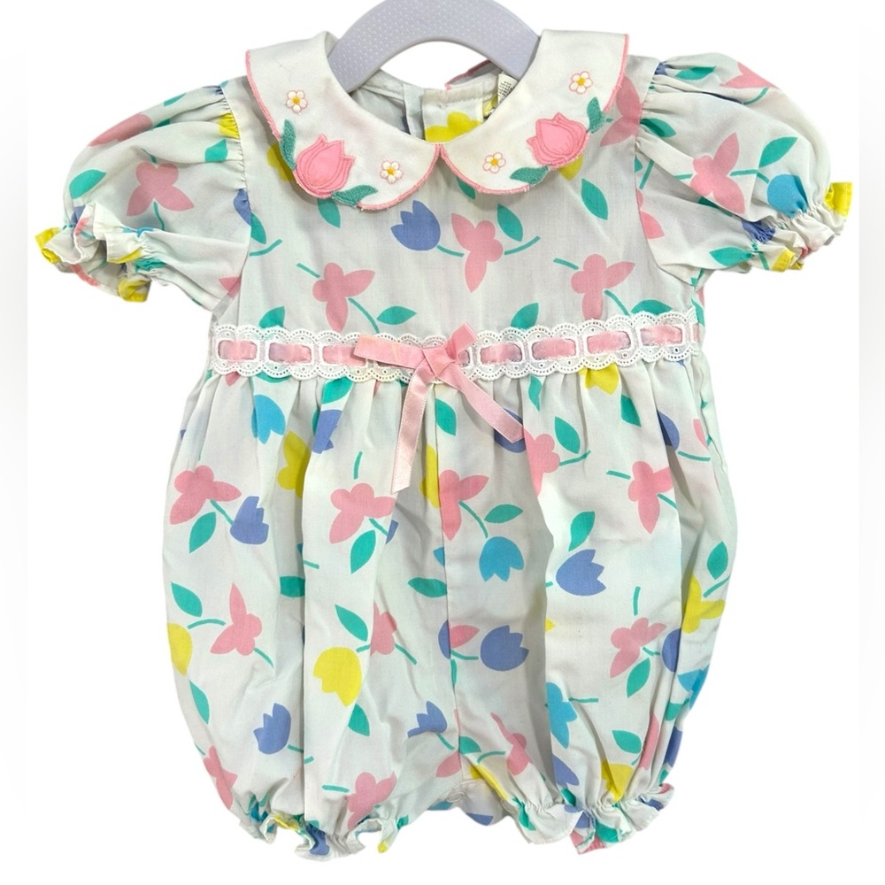 Vintage Infant Kid‎ Girl Children’s 3-6 Month Smocked Tulip Floral Romper Spring